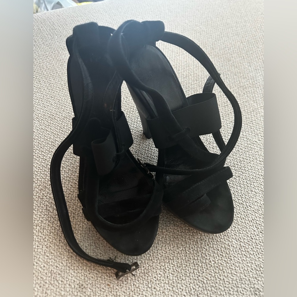 Black suede sandal with wooden heel size 7